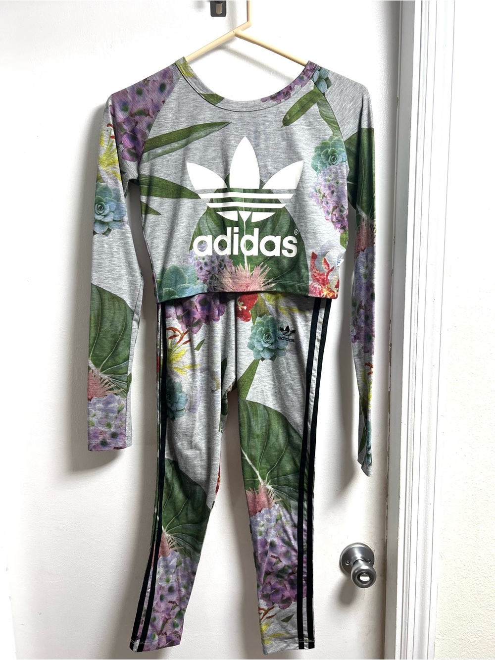 Adidas Women’s Grey Floral Crop Top Two-Piece Set